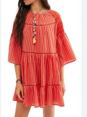 Free People Lola Embroidered Mini Dress M Boho Beachy Lightweight Flowy